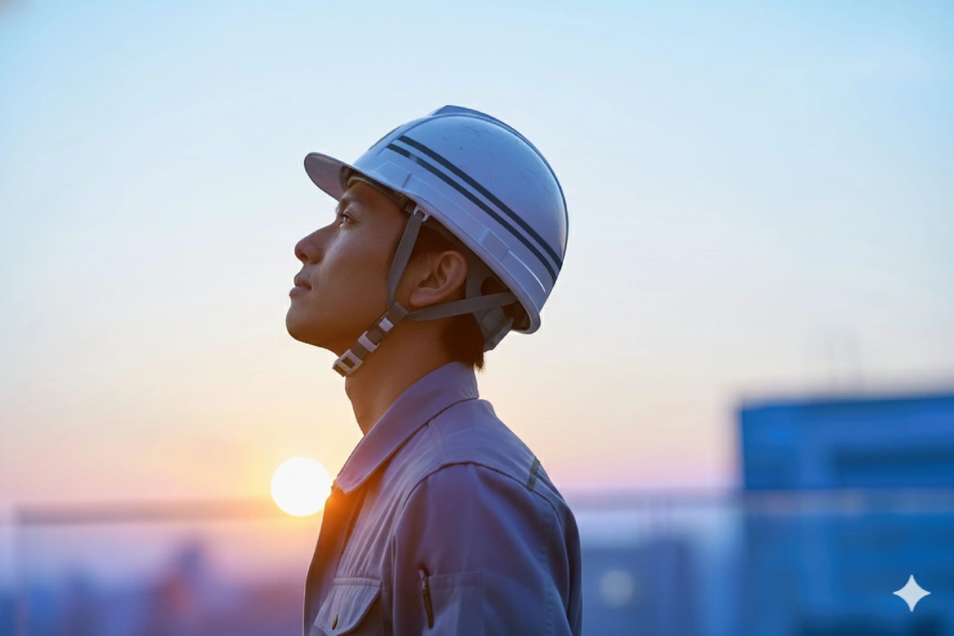 ヘルメットを着用した作業員2人が、配管が張り巡らされた大規模な工場設備内で上方を指差し、設備点検や確認を行っている様子