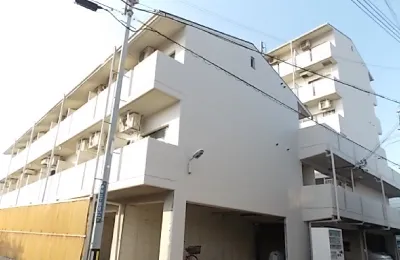 晴天の下で撮影された集合住宅の外観写真で、電柱や電線とともに建物全体の規模感が分かる景観