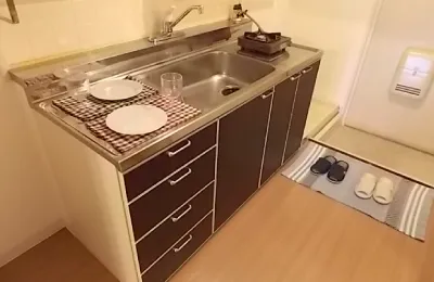 コンパクトなキッチン設備で、シンクとコンロが一体化した流し台に食器や調理器具が配置された室内の様子