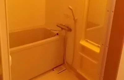 淡い色調で統一された浴室空間に、手すり付きの浴槽とシャワーが設置された清潔感のあるバスルーム